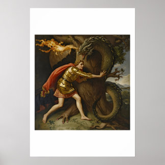 Ritter in goldener Rüstung gegen den Drachen Poster