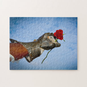 Ritter mit einem Herzen, Hand mit einer roten Rose Puzzle