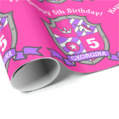 Ritter Schild Mädchen 5. Geburtstag rosa Packpapie Geschenkpapier (Rolleneckpunkt)