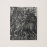 Ritter, Tod und Teufel durch Albrecht Durer Puzzle<br><div class="desc">Der Ritter, der Tod und der Teufel von Albrecht Durer, 1513, ist eine Kupfergravur eines der phantastischsten Bilder der europäischen Kunst. Ein edler Ritter, der auf Pferderücken aufgereiht ist, geht vorsichtig vorwärts, bewaffnet mit Helm, Schwert und Lanze mit seinem treuen Hund an seiner Seite. Hinter ihm stehen die Todesfiguren, die...</div>