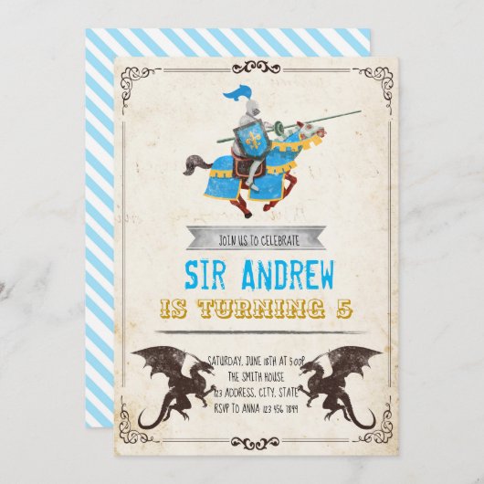 Ritter und Drachengeburtsfeier Einladung (Vorne/Hinten)