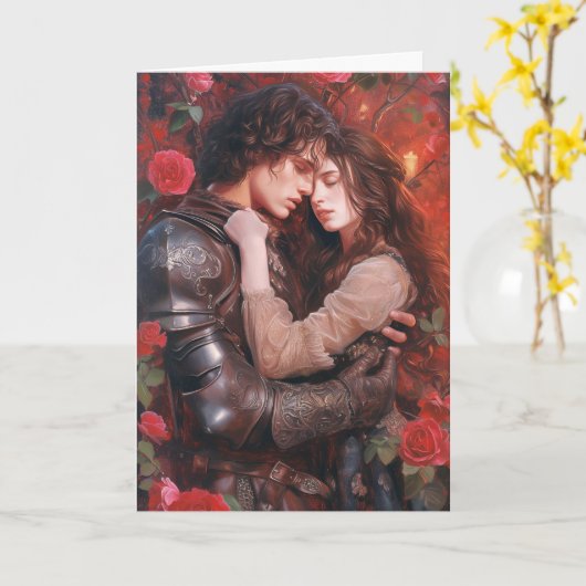 Ritter und Maiden in romantischer Embrace Karte (Gelbe Blume)