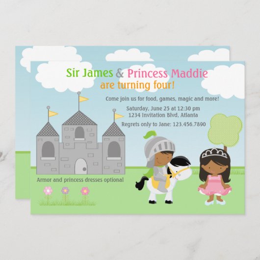 Ritter-und Prinzessin-Twins Joint Party Einladung (Vorne/Hinten)