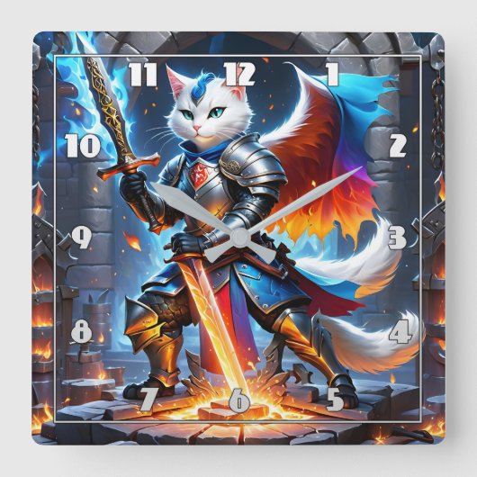Ritterkatze in Rüstung mit Schwert in Fantasie-Ein Quadratische Wanduhr (Vorderseite)