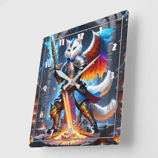 Ritterkatze in Rüstung mit Schwert in Fantasie-Ein Quadratische Wanduhr (Winkel)