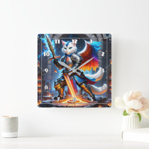Ritterkatze in Rüstung mit Schwert in Fantasie-Ein Quadratische Wanduhr