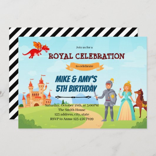 Ritterprinzessin Geburtstag Geschwister Einladung (Vorne/Hinten)