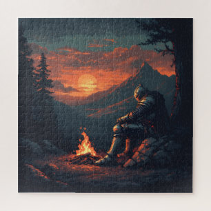 Ritterruhe am Feuer – Fantasy-Sonnenuntergang-Puzz Puzzle