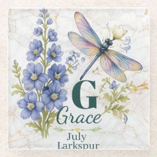 Rittersporn Juli Geburtsblume Libelle Personalisie Glasuntersetzer