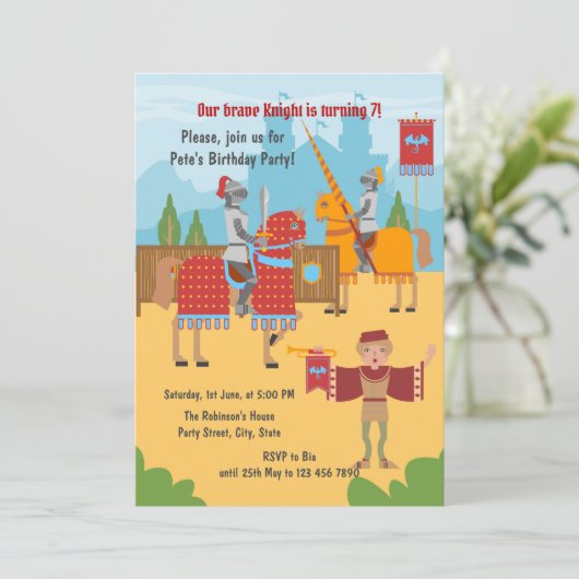 Ritterturnier Junge Geburtstagsparty Einladung (Stehend Vorderseite)