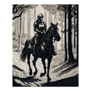 Ritterweibchen auf einem Pferd im Wald Poster