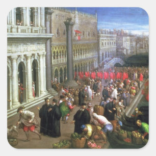Riva degli Schiavoni, Venedig (Öl auf Leinwand) Quadratischer Aufkleber