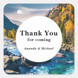 River and Mountains Landschaftliches Foto Hochzeit Quadratischer Aufkleber