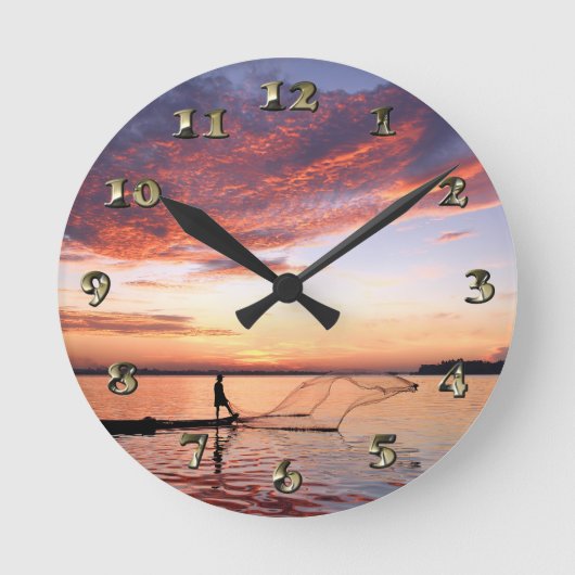 River Boat Fisherman Scene Runde Wanduhr (Vorderseite)