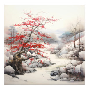 River Red Tree Ink Painting Fotodruck