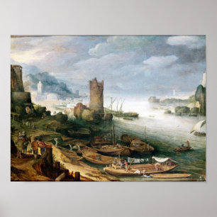 River Scene mit Ruinenturm Poster