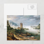 River Scene mit Ruinenturm Postkarte (Vorne/Hinten)