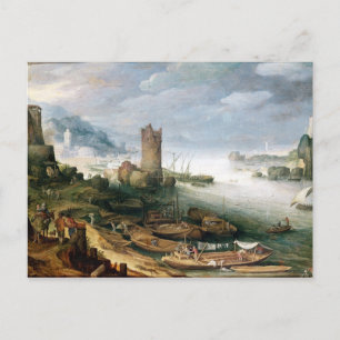 River Scene mit Ruinenturm Postkarte