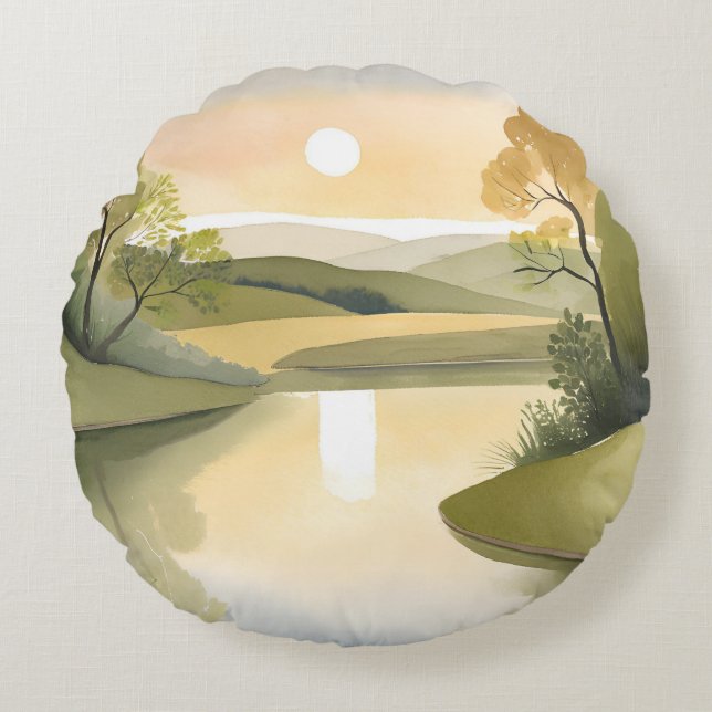 River Sunrise | Watercolor Yellow Rundes Kissen (Vorderseite)