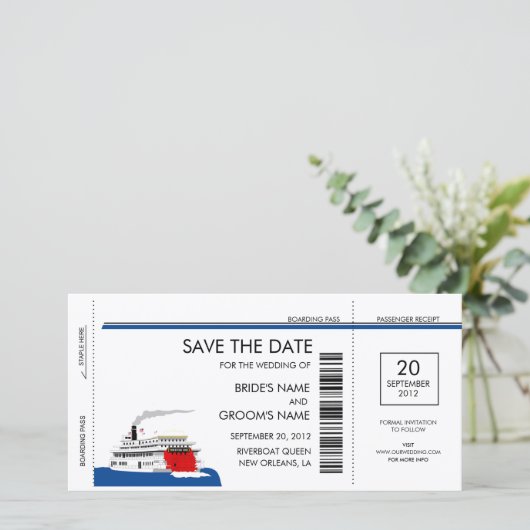 Riverboat Wedding Save the Date Cards (Stehend Vorderseite)