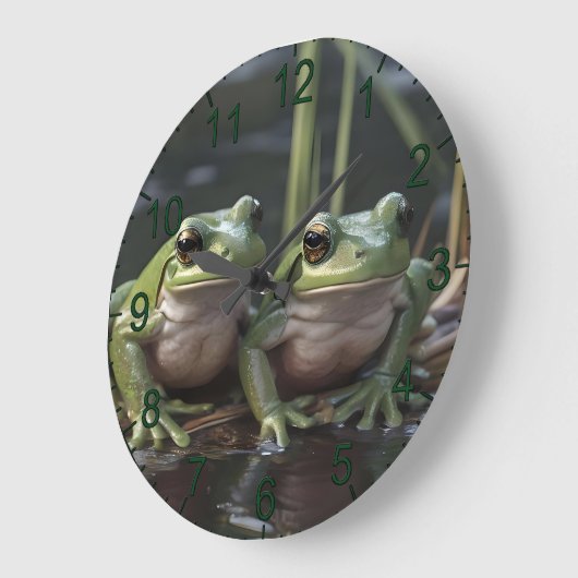 Riverbound Wonders: Zwei plump Green Frogs By Rive Große Wanduhr (Winkel)