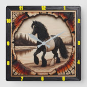 Riverside Trot: Charred Wood Sinti und Roma Vanner Quadratische Wanduhr (Vorderseite)