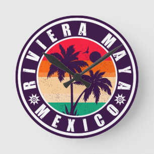 Riviera Maya Mexiko Palmen Vintage-Souvenir Runde Wanduhr