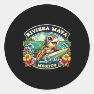 Riviera Maya Mexiko Süße Meeresschildkröte Surft Runder Aufkleber