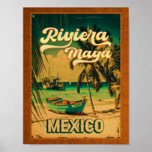 Riviera Maya Postcard Palm Tree Vintage Poster