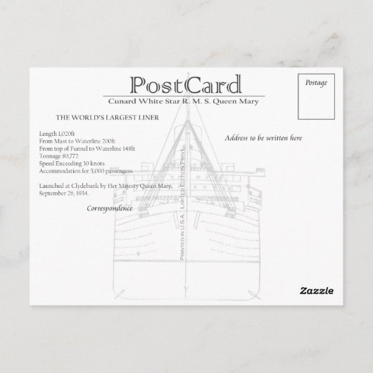 RMS Queen Mary First Class Sitzbereich Postkarte (Rückseite)