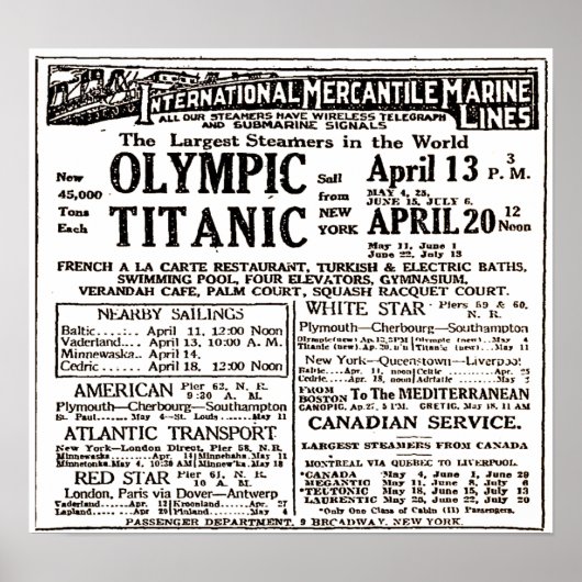RMS Titanic Passenger Liner Newspaper Ad Poster (Vorne)