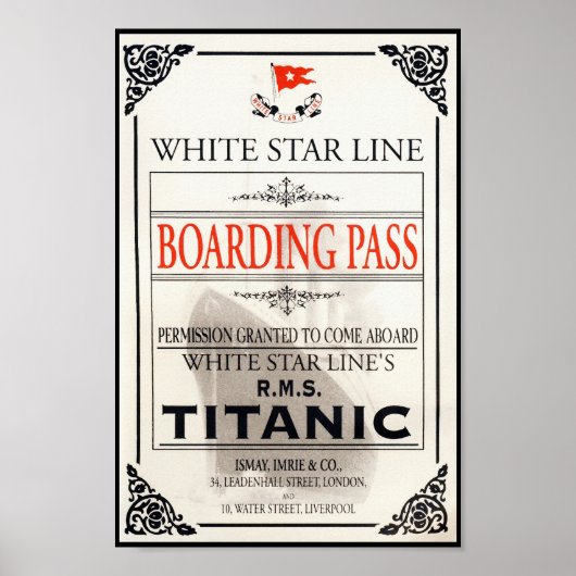 RMS Titanic White Star Line Boarding Pass Poster (Vorne)