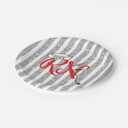 Rn-Abschluss-Partydekor, roter silberner Glitter Pappteller (Schrägansicht)