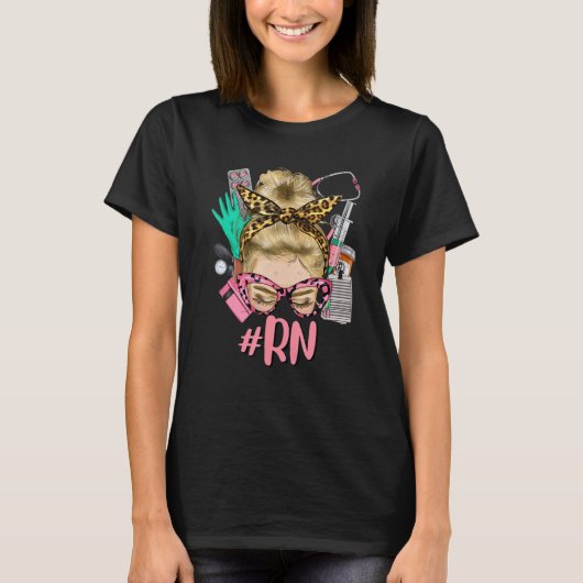 RN Blonde Messy Bun Straight Hair Glasses Leopard  T-Shirt (Vorderseite)