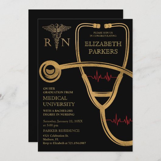 RN BSN Black Gold Nursing Graduation Party Einladung (Vorne/Hinten)