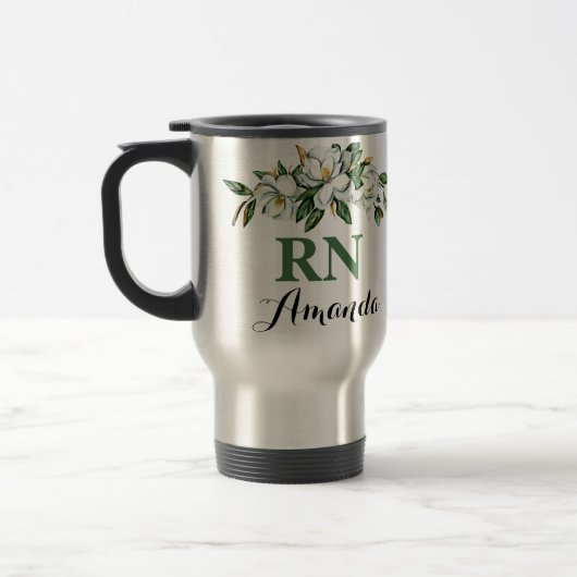 RN Floral Bouquet Greenery Magnolia Abschluss Tass Reisebecher (Links)