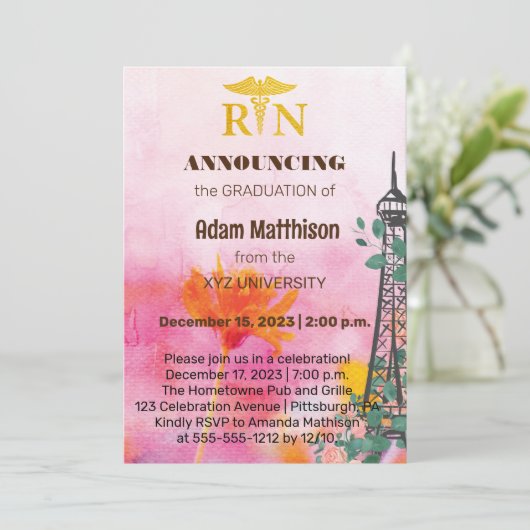 RN Floral Eiffel Tower Einladung (Stehend Vorderseite)