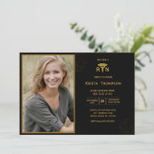 RN Graduation Party Foto Black Gold Einladung (Stehend Vorderseite)