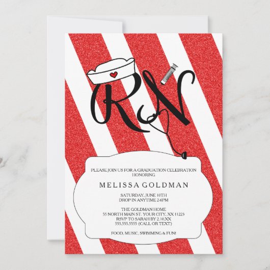 RN Nurse Abschluss lädt zum Spaß beim Rot-Glitzer- Einladung (Vorderseite)