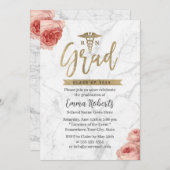 RN Nurse Graduation Party Blumenweißer Marmor Einladung (Vorne/Hinten)