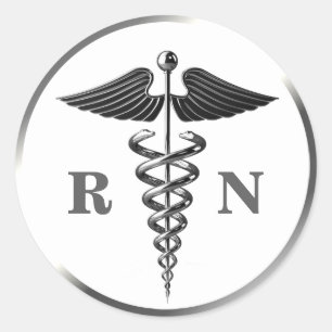 RN Nurse Silver Caduceus Symbol Medical Runder Aufkleber