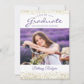 RN Nursing Abschluss Lila Floral Gold Foto Einladung (Vorderseite)