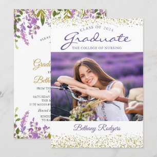 RN Nursing Abschluss Lila Floral Gold Foto Einladung