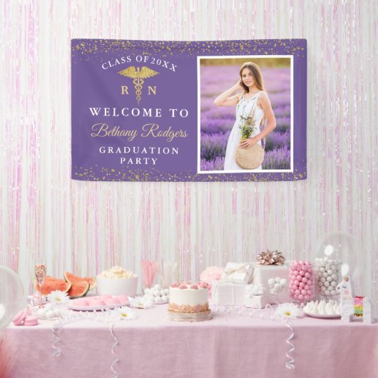 RN Nursing Abschluss Lila Gold Glitzer Foto Banner (Party)