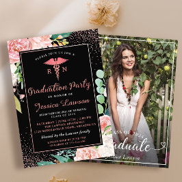 RN Nursing Graduation Party Rose Gold Floral Foto Einladung
