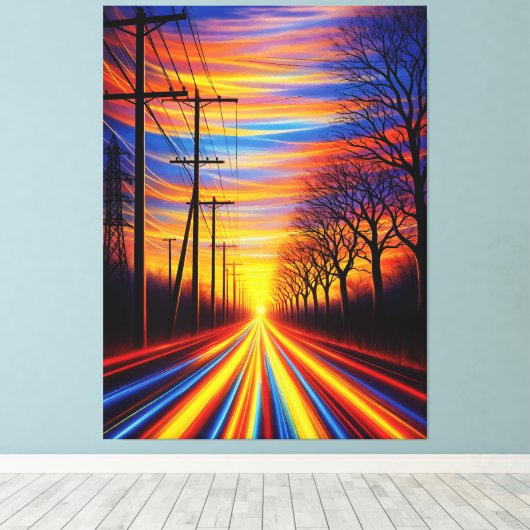 Road Between Electricity and Nature Dramatic Sun Leinwanddruck (Insitu (Holzboden))