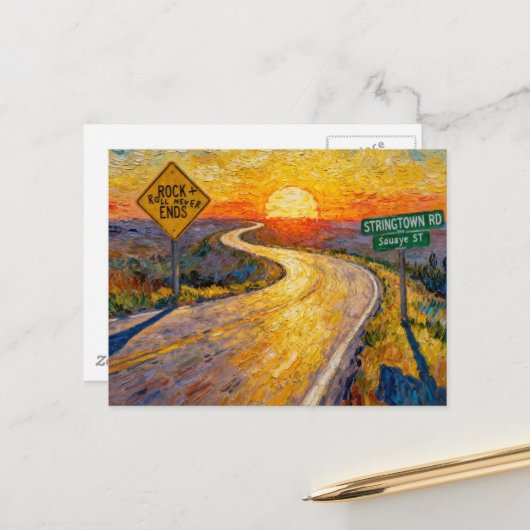 Road Journey Rock and Roll Never Ends Stringtown  Postkarte (Vorderseite/Rückseite Beispiel)