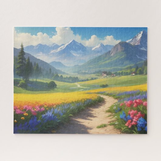 road leading to the village with mountains in the puzzle (Horizontal)
