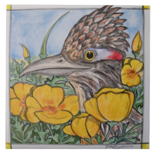Roadrunner u. California Poppy Wildlife Yellow Art Fliese