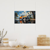 Roadster der 20er Jahre mit Strandbungalow in Miam Poster (Küche)